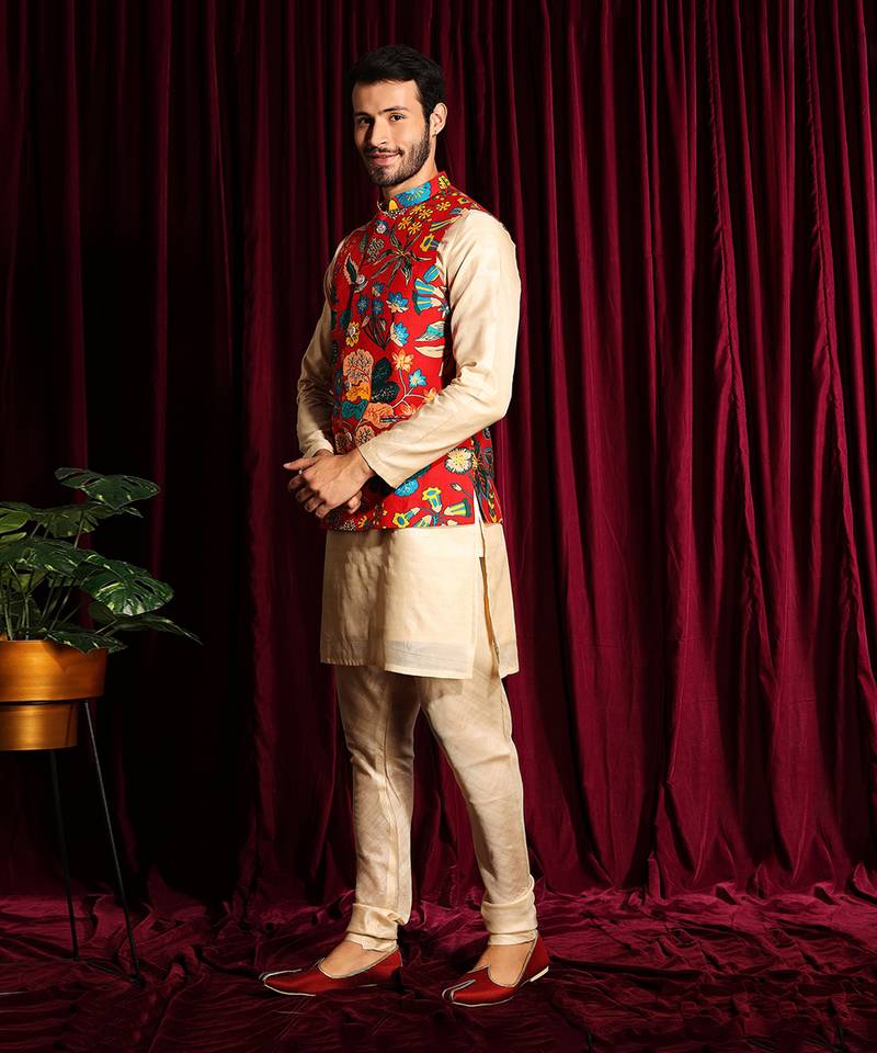 Off White & Red Cotton silk Kurta Chudidar with printed Raw silk Bundi Set