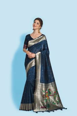 Blue woven tussar silk saree with blouse 1