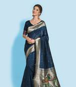 Blue woven tussar silk saree with blouse