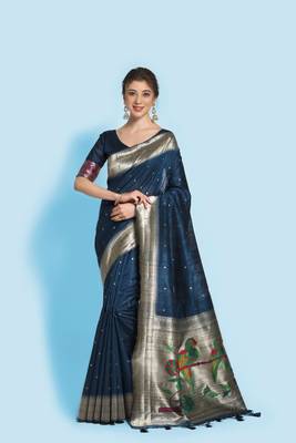 Blue woven tussar silk saree with blouse 2