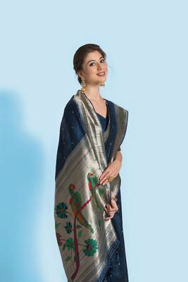 Blue woven tussar silk saree with blouse 3