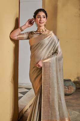 Peach woven tussar silk saree with blouse 2