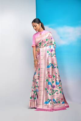 Pink woven organza saree with blouse 1