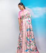 Pink woven organza saree with blouse