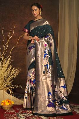 Peach woven paithani silk saree with blouse 1