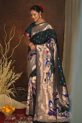 Peach woven paithani silk saree with blouse 2