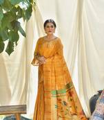 Navy blue woven cotton saree with blouse