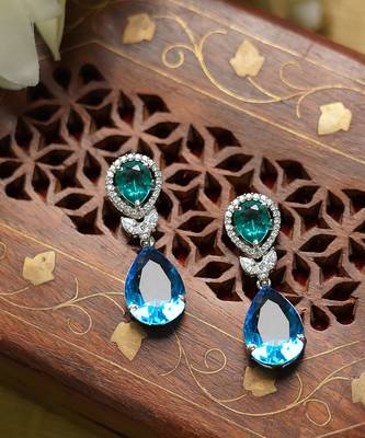 Rhodium Finish Diamond Studded Drop Earrings 2