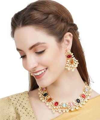 Gold Plated Kundan Navratana Necklace Set 1