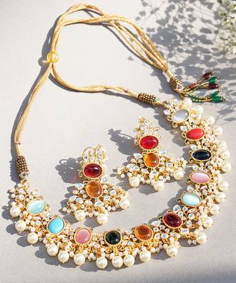 Gold Plated Kundan Navratana Necklace Set 2