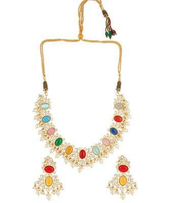 Gold Plated Kundan Navratana Necklace Set 3