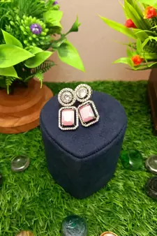 Pink Brass Star American Diamond Earrings Studs for Women