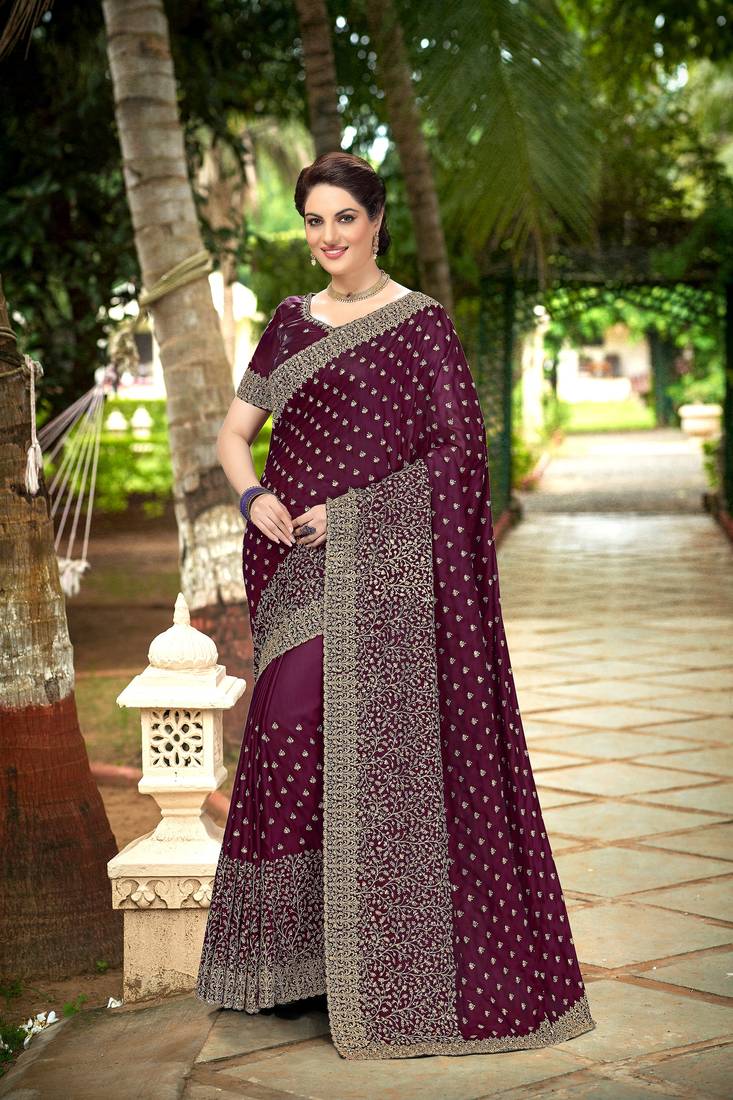 Trendmalls Purple Embroidered Silk Blend Party Wear Saree With Blouse