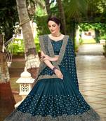 Trendmalls Dark Blue Embroidered Silk Blend Party Wear Saree With Blouse