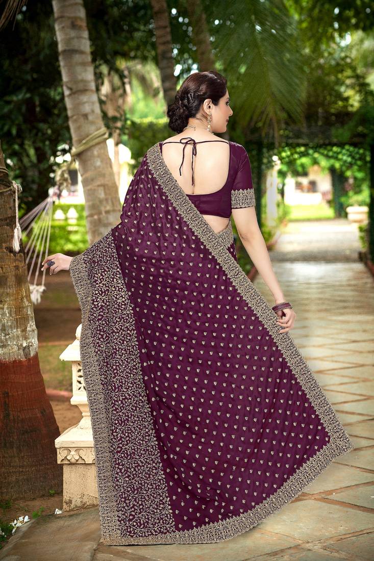 Trendmalls Purple Embroidered Silk Blend Party Wear Saree With Blouse