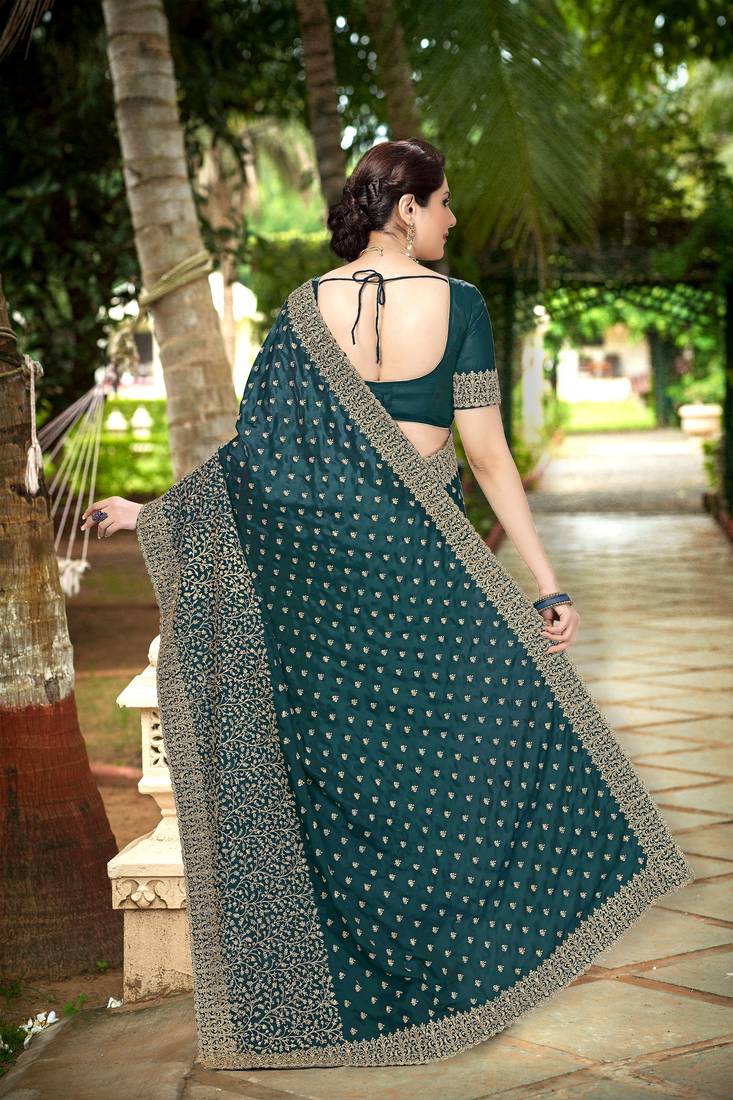 Trendmalls Dark Blue Embroidered Silk Blend Party Wear Saree With Blouse