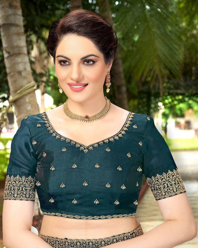 Trendmalls Dark Blue Embroidered Silk Blend Party Wear Saree With Blouse