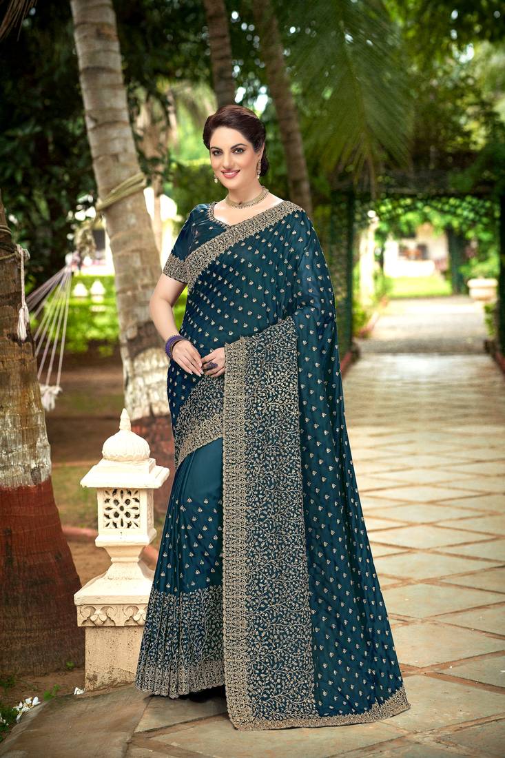 Trendmalls Dark Blue Embroidered Silk Blend Party Wear Saree With Blouse