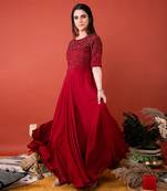 Maroon Embellished Shoulder Yoke With Circle Pattern Gown