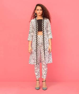 White Embroidered & Printed Long Jacket Set 2