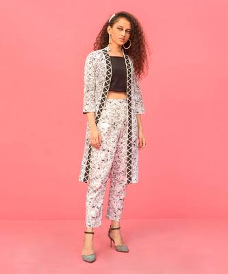 White Embroidered & Printed Long Jacket Set 1