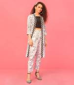 White Embroidered & Printed Long Jacket Set