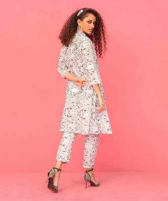 White Embroidered & Printed Long Jacket Set 3