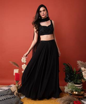 Black Bralette With Net Dupatta And Skirt 1