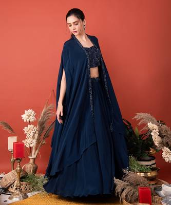 Blue Bralette With Circle Skirt & Cape 1