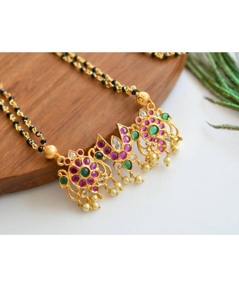 Gold tone pink-green-white Nama-shanku-chakra mangalsutra dj-36103