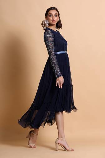 Navy Blue Chiffon Midi Dress