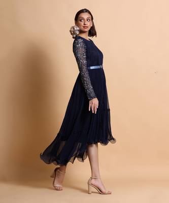 Navy Blue Chiffon Midi Dress 1