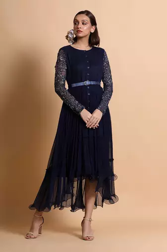 Navy Blue Chiffon Midi Dress