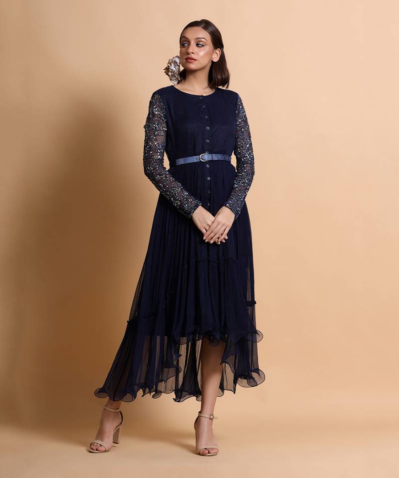 Navy Blue Chiffon Midi Dress