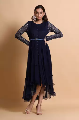 Navy Blue Chiffon Midi Dress