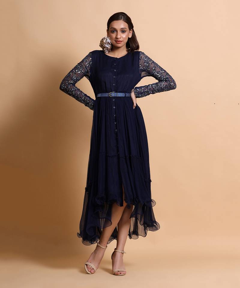 Navy Blue Chiffon Midi Dress