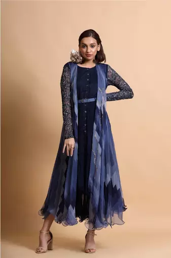 Navy Blue Chiffon Midi Dress