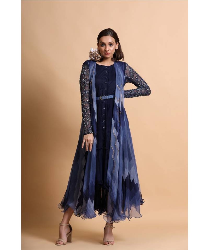 Navy Blue Chiffon Midi Dress