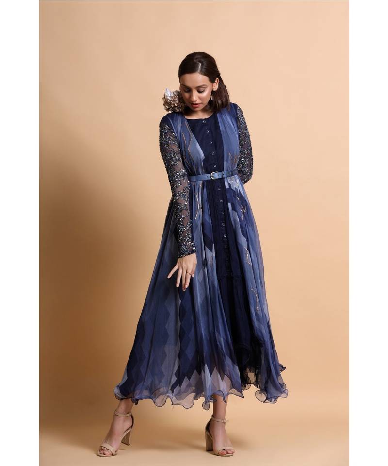 Navy Blue Chiffon Midi Dress