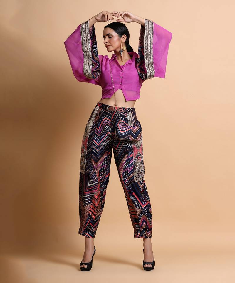 Orchid Top And Navy Leheriya Baggy Pants