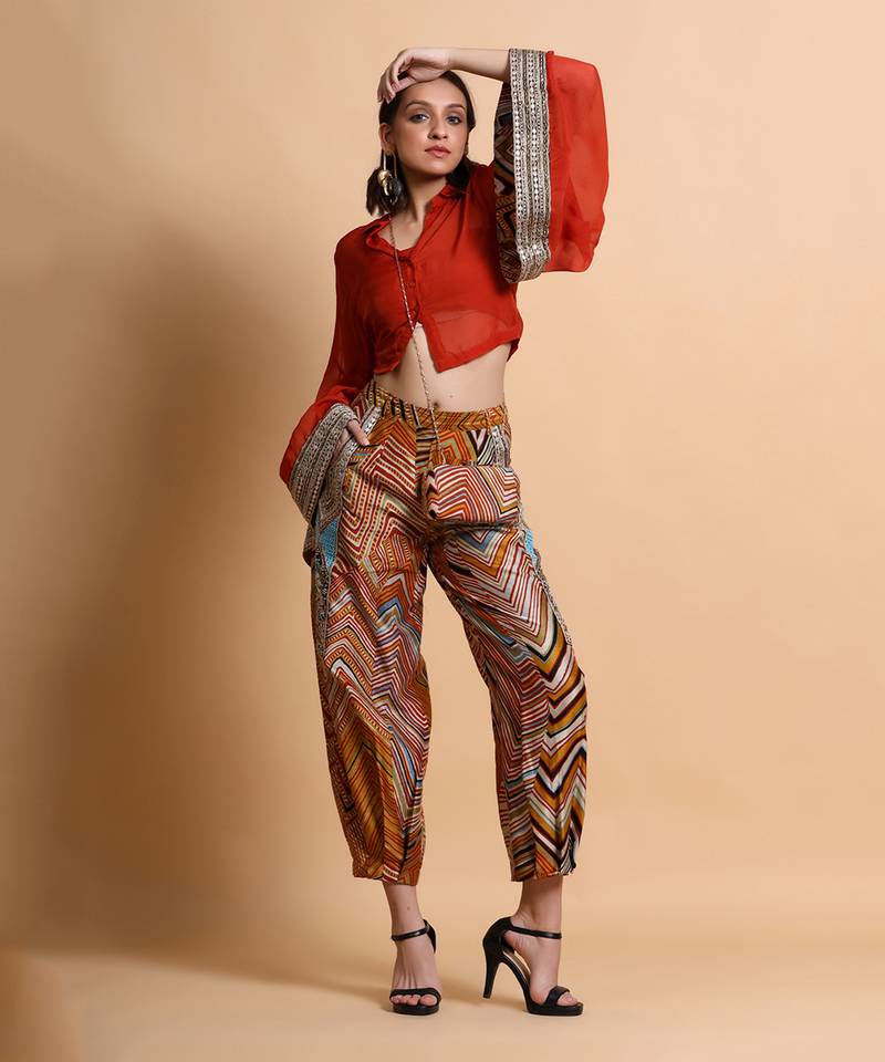 Rust Top And Mustard Leheriya Baggy Pant