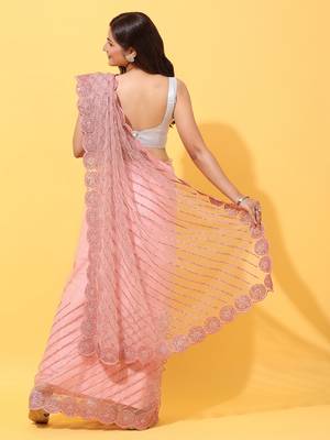 Pink Embroidered Net Saree With Blouse 2