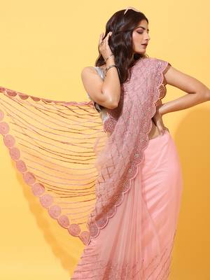 Pink Embroidered Net Saree With Blouse 4