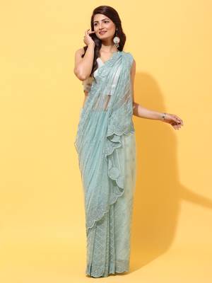 Sky Blue Embroidered Net Saree With Blouse 1