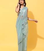 Sky Blue Embroidered Net Saree With Blouse