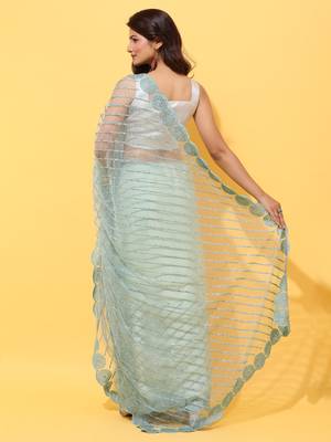 Sky Blue Embroidered Net Saree With Blouse 2