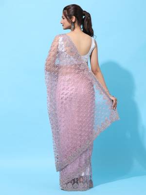 Lavender embroidered net saree with blouse 2
