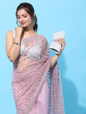 Lavender embroidered net saree with blouse 4