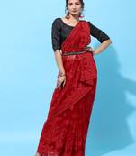 Red embroidered net saree with blouse