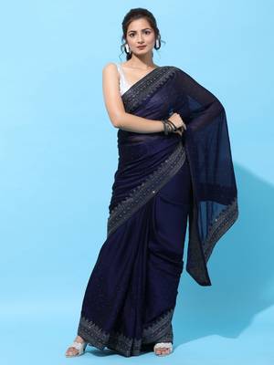 Navy Blue Embroidered Art Silk Saree With Blouse 1